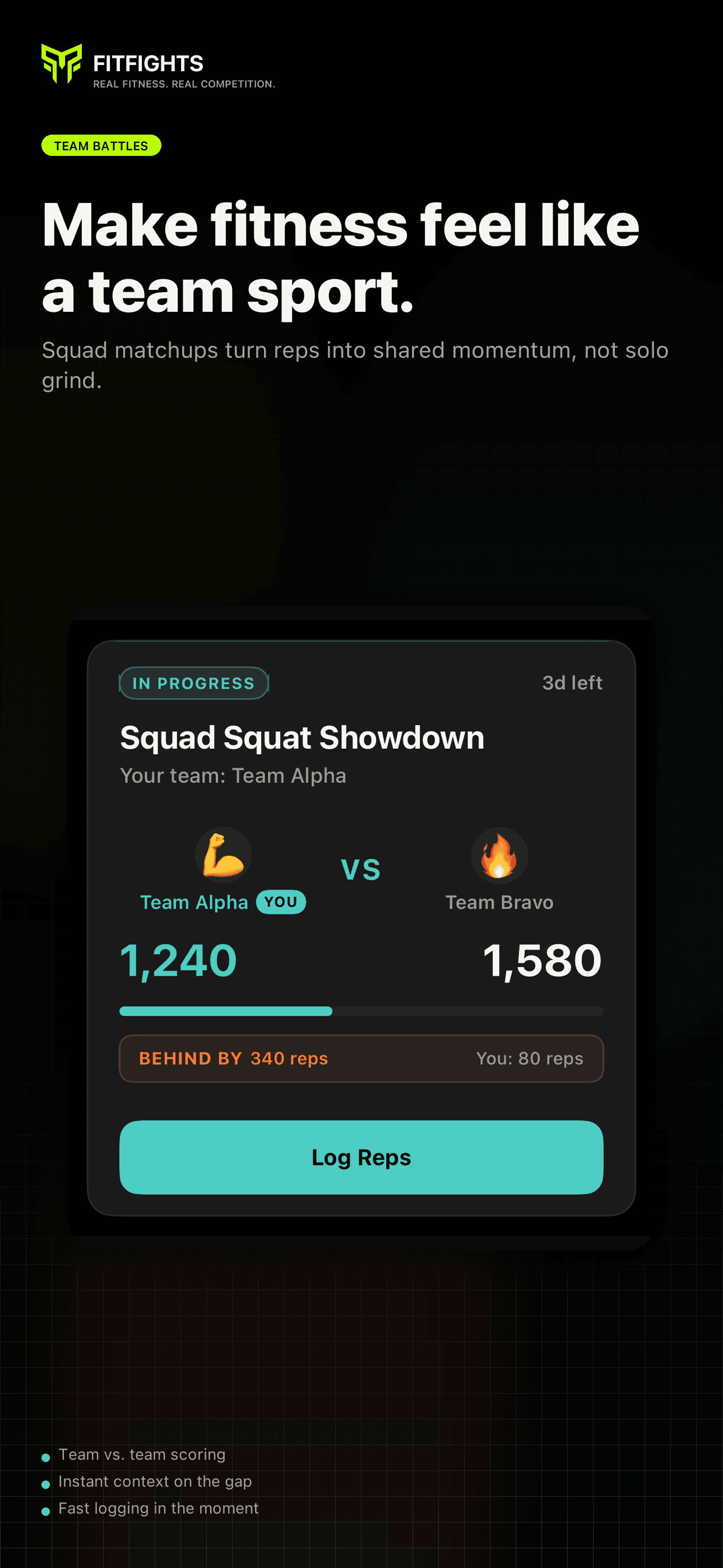 FitFights team battle showing live squad scores