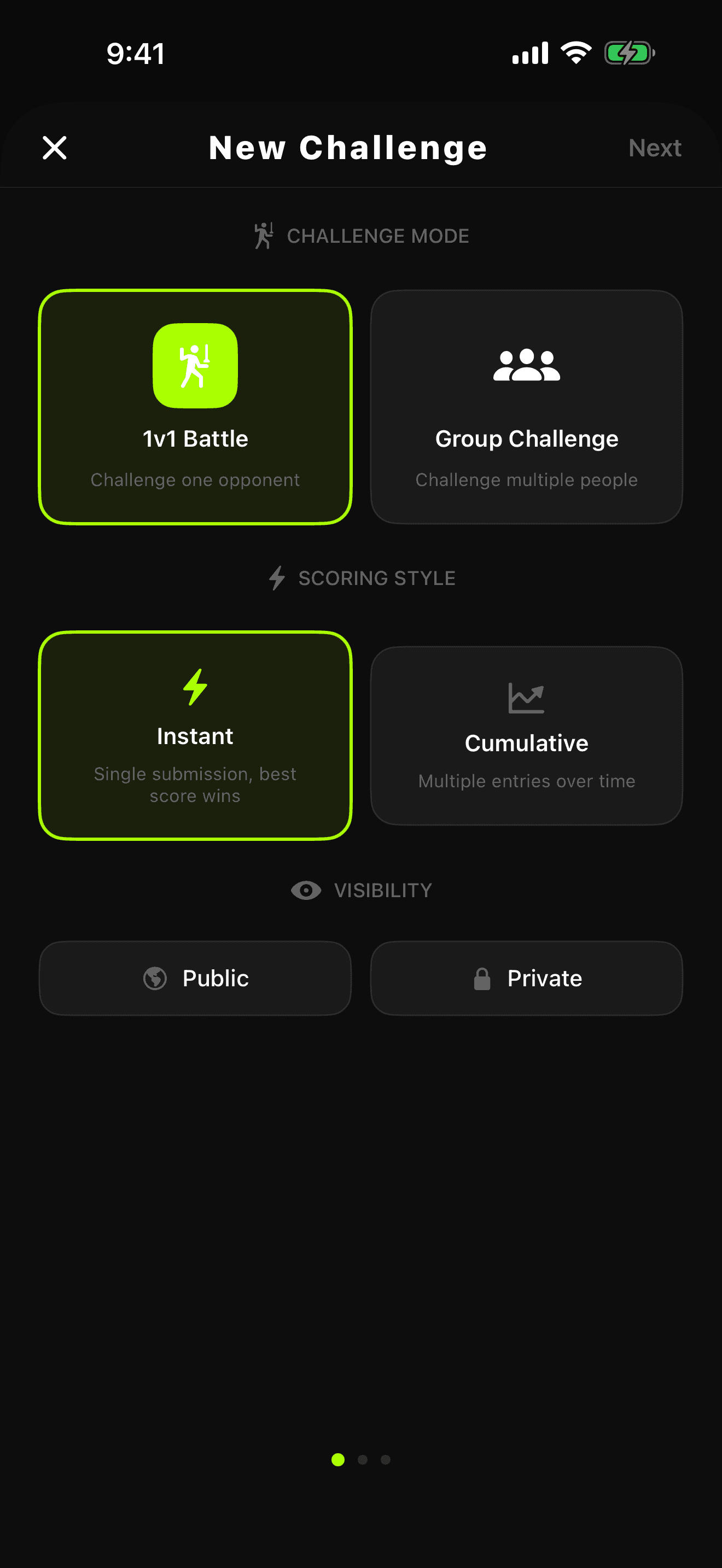 FitFights challenge creation view with format, scoring, and visibility controls