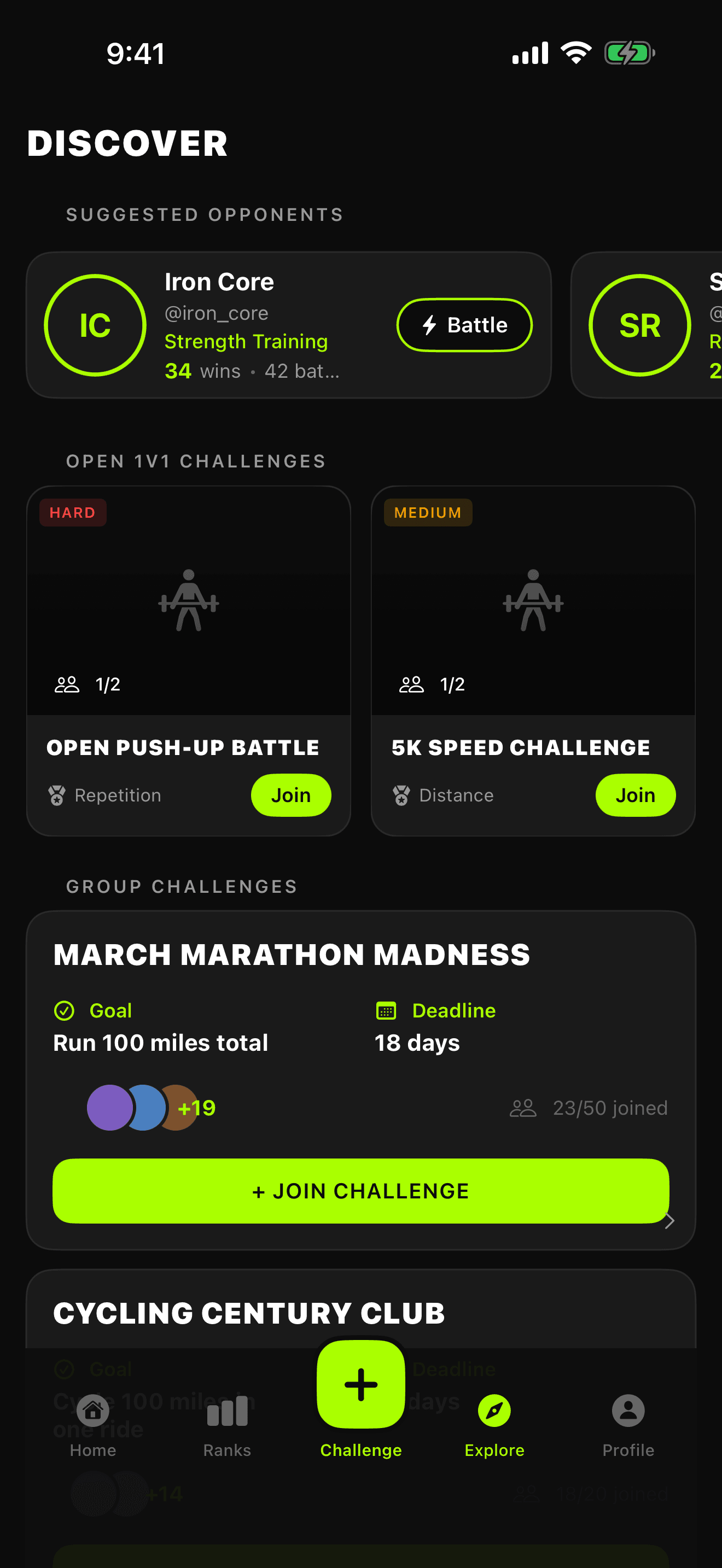 FitFights Discover view showing opponents and open public challenges