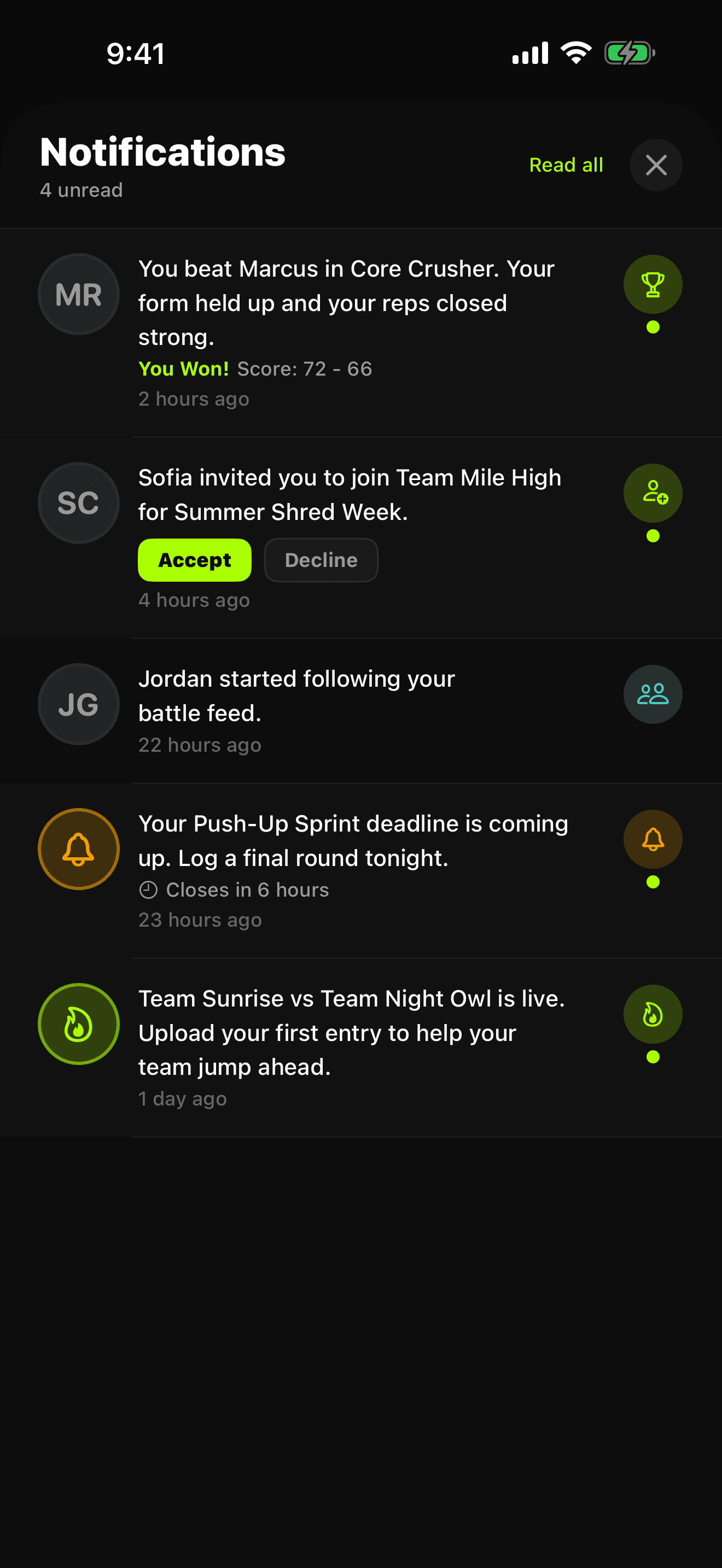 FitFights notifications showing results, invitations, deadlines, and team updates