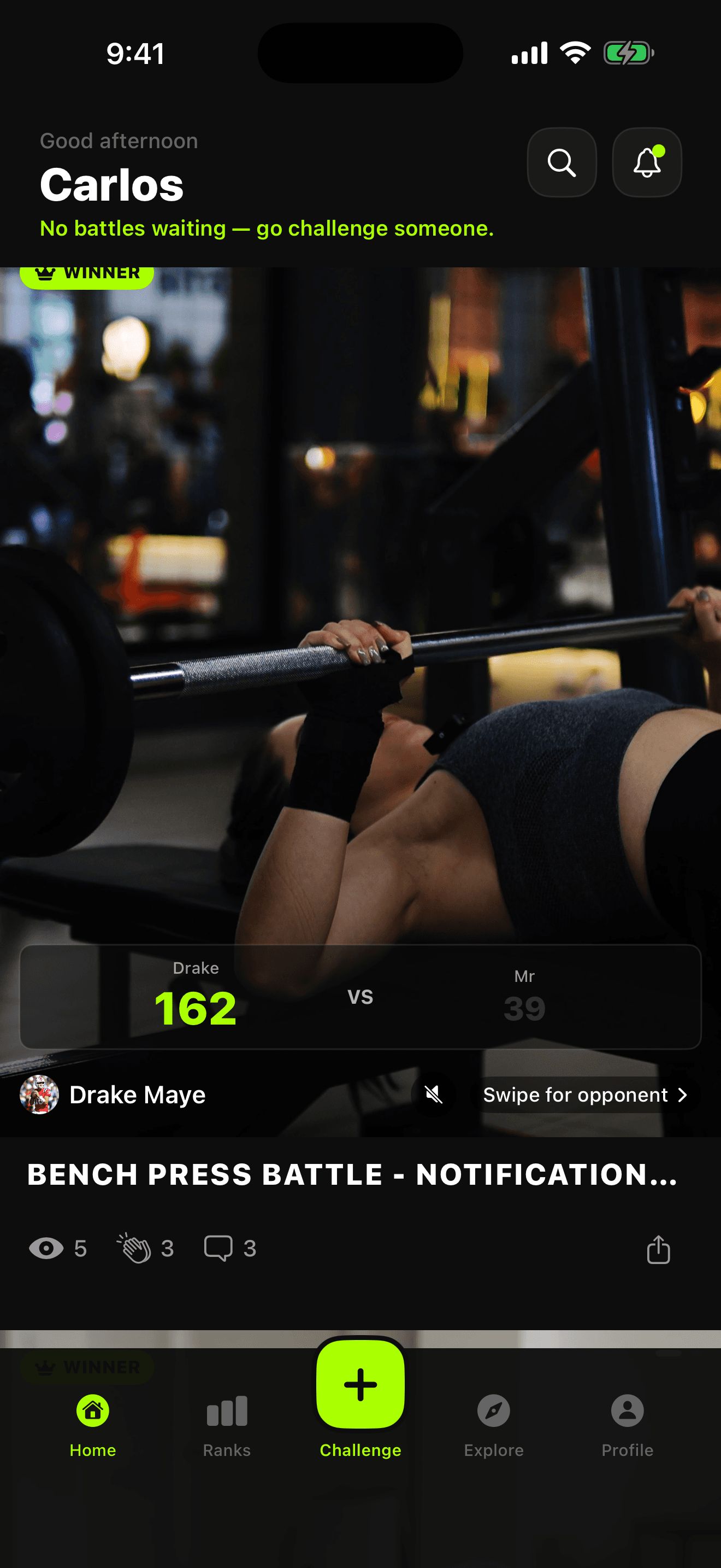 FitFights winner feed showing a full-screen bench press battle video with score overlay