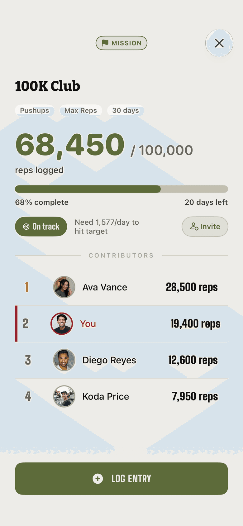 FitFights 100K Club mission with 68,450 of 100,000 reps logged and on track