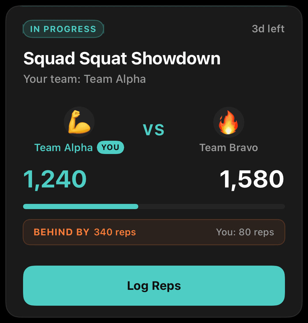Active team-versus-team squad squat challenge